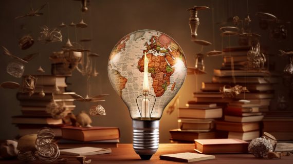 Education and Intelligence Collage with Global Travel Theme, bulb, light, map. Generative AI